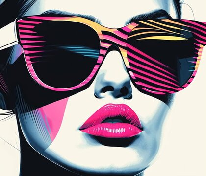 Colorful pop art poster illustration of a beautiful woman in outrageous sunglasses with a finger to her lips.	