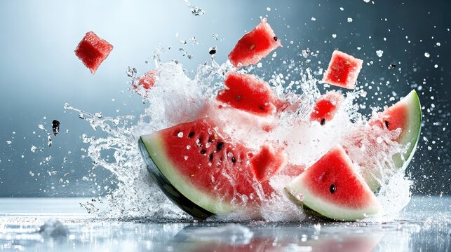 The vibrant explosion of watermelon pieces showcases a dynamic splash of freshness, appealing to the senses with its juicy texture and bright colors, perfect for summer themes.