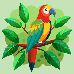 Vibrant parrot perched on a lush green branch