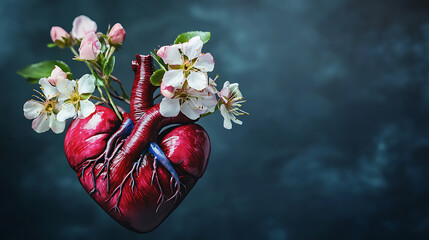 Anatomical Heart with Blossoming Flowers Against Dark Background