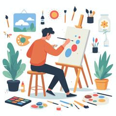 image of a man painting on canvas with a simple and minimalist flat design using a white background