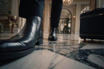 Legs of an elegant male wearing vintage shoes and use a vintage case
