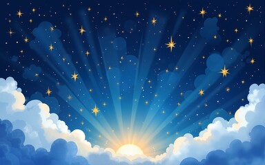 Night starry sky and golden stars. Watercolor illustration. Seamless horizontal curb. The pattern is a blue sky, clouds and a scattering of shining stars. The theme of magic, astrology and nature