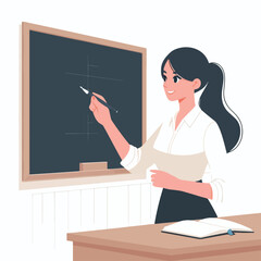 image of a female teacher writing on a blackboard with a simple and minimalist flat design using a white background