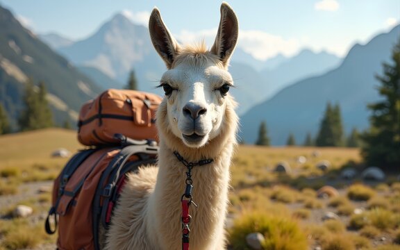 Cozy and wild, this camping llama adds character to outdoor travel themes, nature escapes, and mountainous retreats. High quality - Powered by Adobe