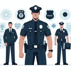 image of a police officer standing upright wearing a uniform and badge with a simple and minimalist flat design using a white background