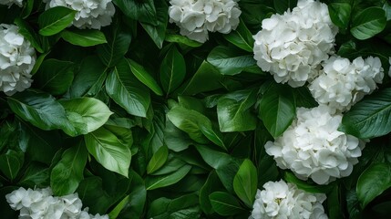A lush arrangement of white hydrangea flowers nestled among vibrant green leaves captures the essence of nature's beauty and tranquility in a harmonious floral display.