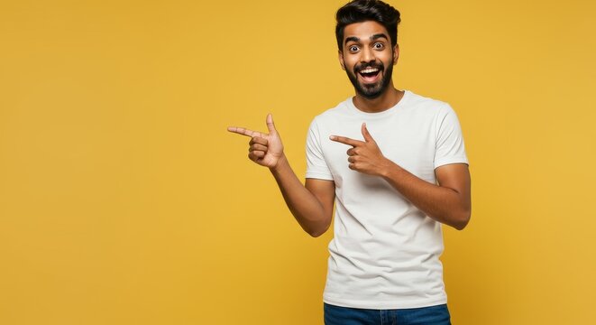Excited Man Pointing Sideways - A young man with a joyful expression points to the side against a vibrant yellow background. He's wearing a plain white t-shirt and jeans