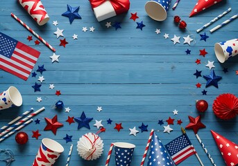 Obraz premium Festive american independence day party decorations scattered on blue wood background