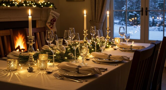 Festive Christmas Dinner Table Setting - A beautifully set Christmas dinner table with candles, greenery, and warm lighting. Perfect for holiday cards and websites