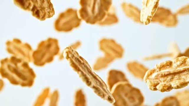 Golden cereal flakes flying in a dynamic pattern with a light and airy feel against a bright white background