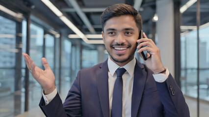 Man in a suit holding a cell phone and having a conversation