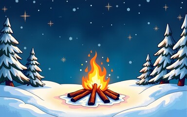 Intriguing bonfire crackling in a snowy landscape under a starry night sky evoking warmth and adventure for winter themed coloring experiences. High quality