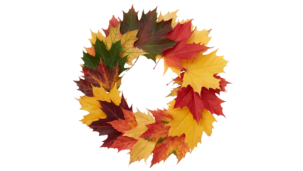Vibrant Autumn Maple Leaves Wreath Design Element perfect for fall season decorations, greeting cards, and seasonal projects, transparent background