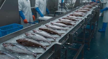 Fresh Seafood Processing Line - Rows of fresh fish on an ice-covered conveyor belt in a modern seafood processing plant. Workers in protective gear oversee the process