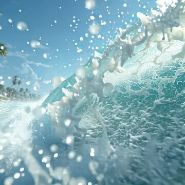 A tsunami ocean wave coming ashore on a tropical beach with palm trees.