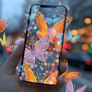 A hand holding a smartphone with colorful butterflies emerging from the screen.