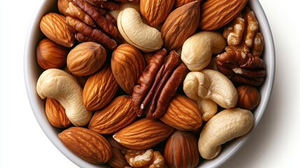 A vibrant assortment of nuts including almonds, pecans, walnuts, and cashews beautifully arranged in a bowl, showcasing nature's delightful snacks and healthy options.