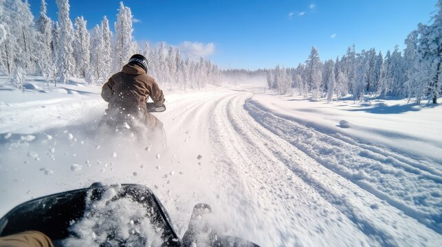 An exhilarating snowmobile ride through a pristine winter landscape, surrounded by snow-covered trees under a clear blue sky, evoking feelings of adventure.