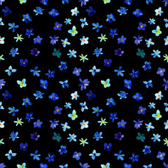 Seamless pattern with small blue flowers. Hand drawn chaotic ditsy print. Flower circle, round dance of daisy. Severe pattern. Design for spring, summer textile, fabric, background.