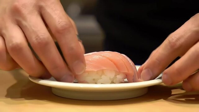 Careful hands delicately arrange a fresh sushi piece on a petite plate: Exquisite culinary presentation of handcrafted Japanese cuisine.