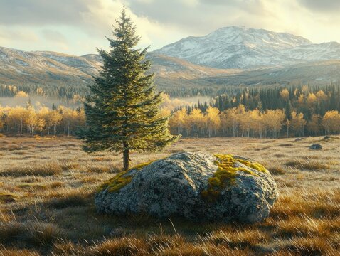 A lone evergreen stands sentinel beside a moss-covered boulder in a golden autumn meadow, with a snow-capped mountain range in the distance - Powered by Adobe