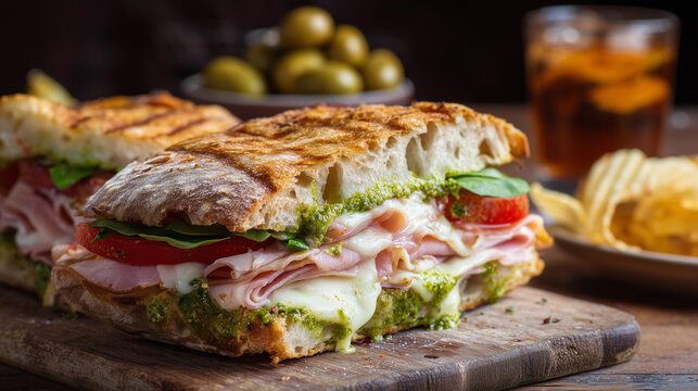 A grilled panini sandwich made with crusty, golden-brown ciabatta bread airy and rustic