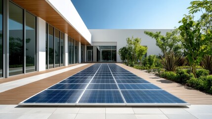 Fototapeta premium An innovative architectural view showcasing solar panels integrated into a modern building's exterior, emphasizing sustainability and green energy solutions in urban design.