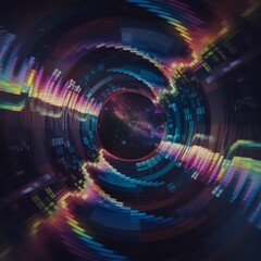 Fototapeta premium Holographic tunnel with rainbow-colored waveforms and shifting particle clusters, deep sci-fi visual, 16:9. 