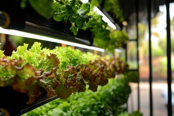 Automated hydroponic rows with green and purple lettuce in greenhouse