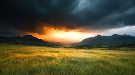 Obraz premium A breathtaking view showcasing a stunning sunset casting vibrant orange and yellow hues across rolling hills, contrasted by dark stormy clouds in the background.