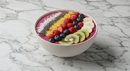 Indulge in this vibrant, healthy smoothie bowl brimming with fresh berries, kiwi, mango, and banana, a delightful feast for the senses.