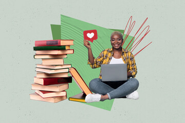 Creative pop poster sketch art collage of happy student girl guy do homework book stack education...