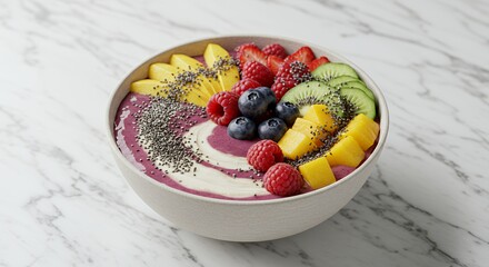 Indulge in this vibrant acai bowl brimming with fresh mango, raspberries, blueberries, kiwi, and chia seeds, a delightful symphony of flavors and textures.