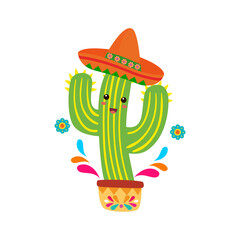 Cheerful Green Cactus Wearing Orange Sombrero with Colorful Floral Pot for Fiesta