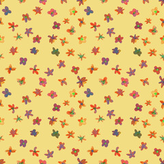 Seamless pattern with small flowers. Hand drawn chaotic ditsy print. Flower circle, round dance of daisy. Severe pattern. Design for spring, summer textile, fabric, background.