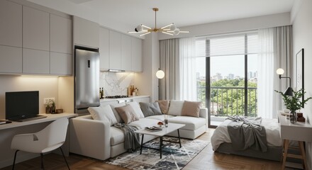 Fototapeta premium Modern Studio Apartment Interior Design - Stylish and functional studio apartment showcasing modern furniture, neutral color palette, and ample natural light. Ideal for urban living
