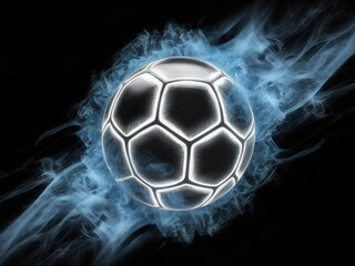 Soccer ball with glowing outlines surrounded by ethereal energy on black backdrop