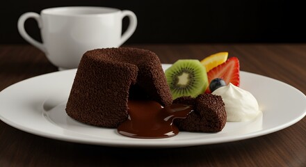 Indulge in Decadence: A Molten Chocolate Lava Cake with Fresh Fruit and Whipped Cream, a Culinary Masterpiece.