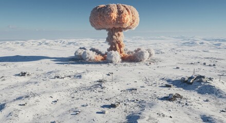 Nuclear Blast in Winter Landscape - A powerful nuclear explosion detonates in a snowy, desolate landscape. The mushroom cloud rises majestically against a clear sky