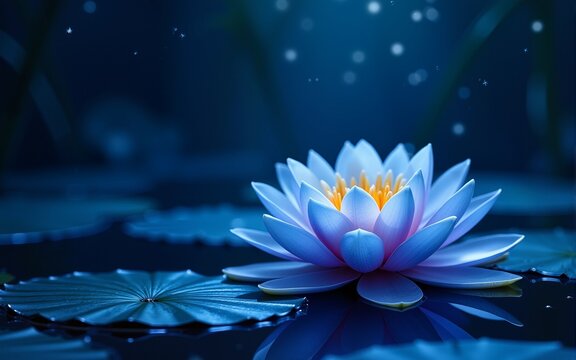 water lily in pond a night view with blue theme lily in blue water presenting a charming landscape a starry sky. High quality