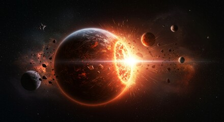 Planetary Collision Cosmic Energy Burst - A vibrant illustration depicting a catastrophic planetary collision, showcasing bright energy, cosmic visuals, destruction, and rebirth.