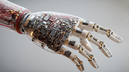 Artificial intelligence, future technology and business concept - robot and human hand on the background of connecting to a big data network futuristic