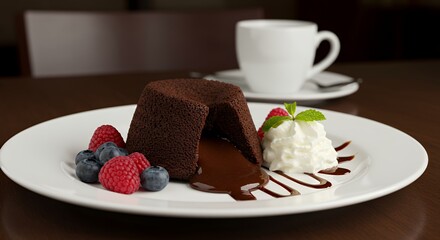 Indulge in Decadence: Warm Chocolate Lava Cake with Fresh Berries and Whipped Cream, a Perfect Dessert for a Romantic Evening.