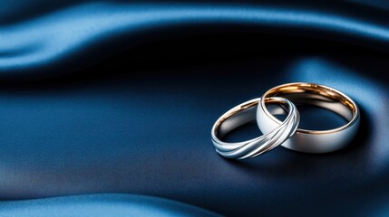 This stunning image features two beautifully designed wedding rings placed elegantly on flowing blue satin fabric, symbolizing love and commitment.