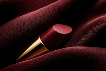 A rich burgundy lipstick rests on a deep maroon fabric