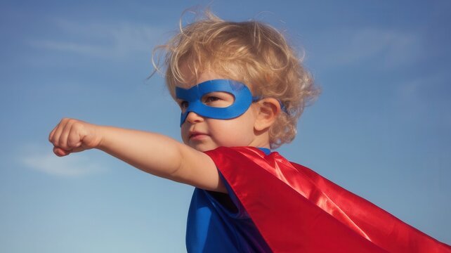 A small child embodying a superhero, wearing a cape and a mask against the blue sky