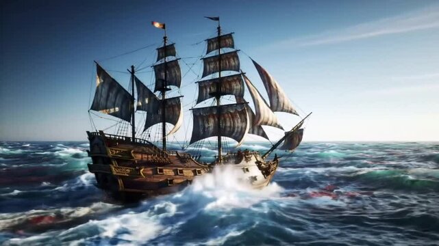 Old pirate sailing ship cruising through ocean waves under bright sky, seamless looping 4k time-lapse animation video background