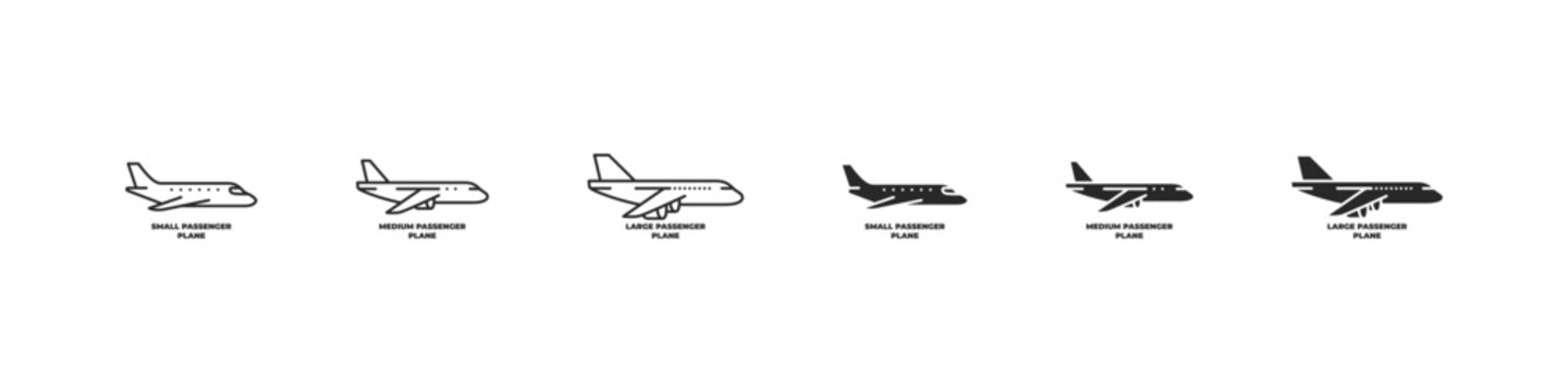 Passenger plane size icons in flat and outline vector styles. Aircraft illustrations from small to large scale