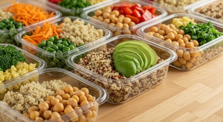 Fresh Meal Prep with Colorful Vegetables, Quinoa, Chickpeas, and Healthy Ingredients in Clear Containers